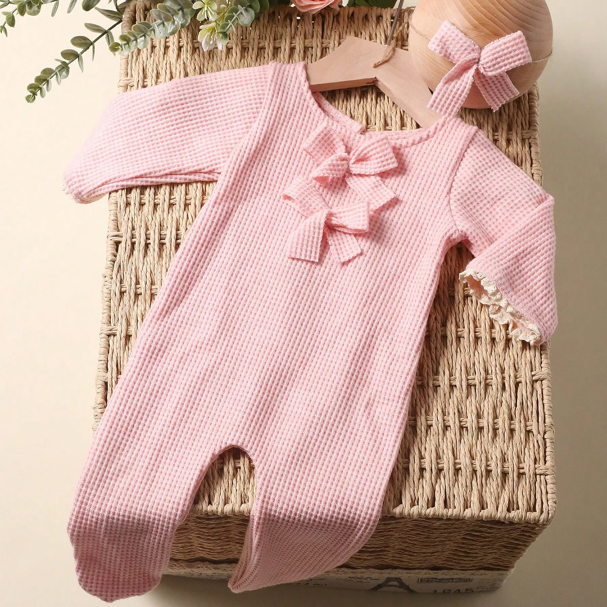 Ylsteed Newborn Photography Jumpsuit with Bow Hairband Baby Girl Costume for Photo Shooting Infant Pink Long Sleeve Bow Oufits