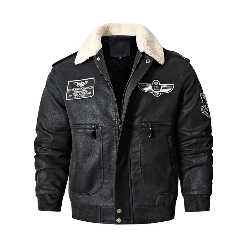 Winter Jacket for Men Motorcycle Leather Jacket Vintage Brown Military Flight Coat Winter Fleece Faux Leather Pigskin Plus Size