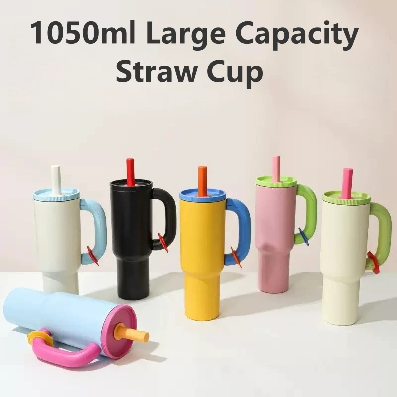 

Изолированная кружка 1050 мл с ручкой и соломенной чашкой для льда, стакан большой емкости, бутылка для воды из нержавеющей стали, офисная домашняя термокружка