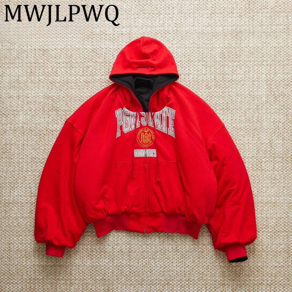 

MWJLPWQ Niche Trendy Patchwork Reversible Zipper Padded Male Letter Design Streetwear Winter Loose Warm Hooded Cotton Coat 21772