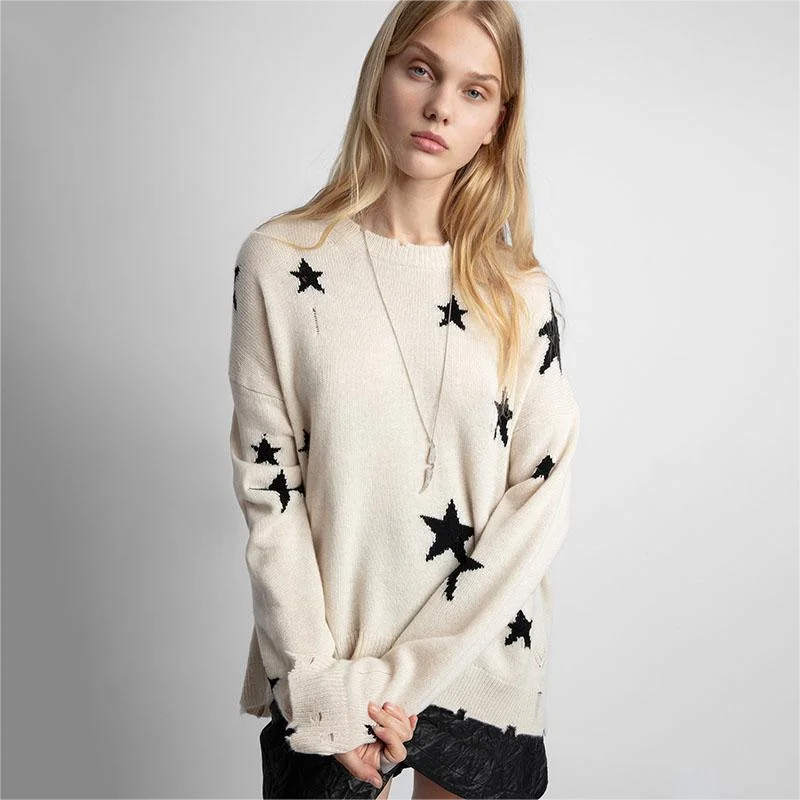 Zadig Women Sweaters Casual Beige Cashmere Sweaters Top Female Crew Neck Long Sleeve Fashion Star Stylish Ripped Edges Jumpers