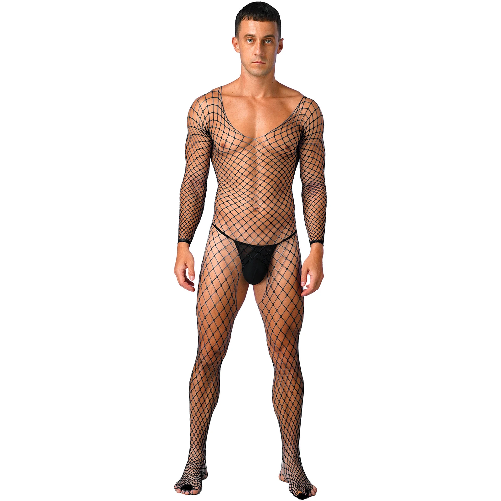 Gay Mens Sexy Lingerie Exotic Fishnet Bodystocking Jumpsuit Mesh Net See-through Long Sleeve Bodysuit Sleepwear Club Wear