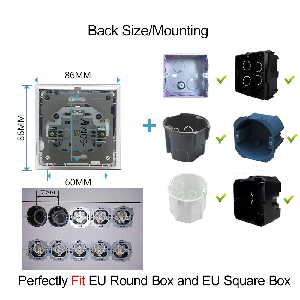 EU Socket with 2 USB Type A C Wallpad Silver Grey Crystal Glass 220V AC 16A German Russia Grey Electrical Power Wall Socket