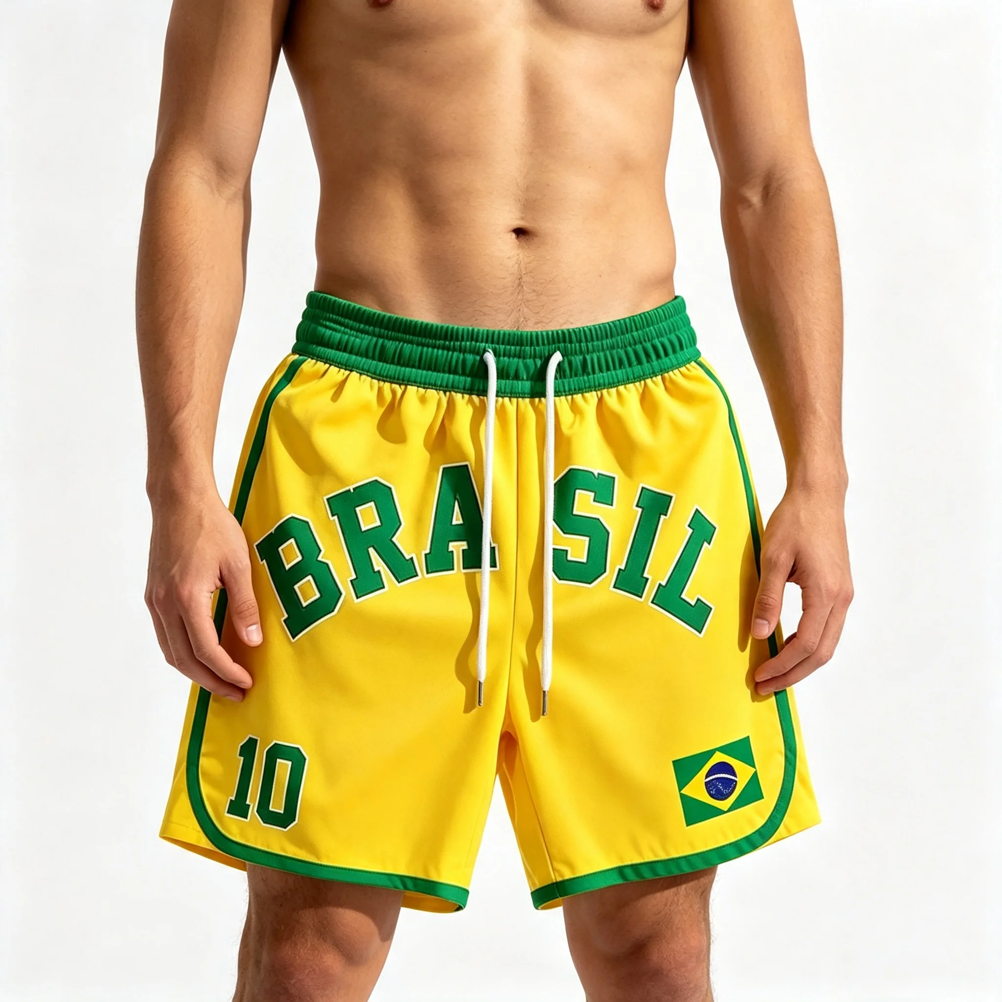 Vintage BRASIL Style 10 Soccer Shorts Men Yellow Flag Graphic Shorts Sport Training Running Shorts for Football Supporters Moto