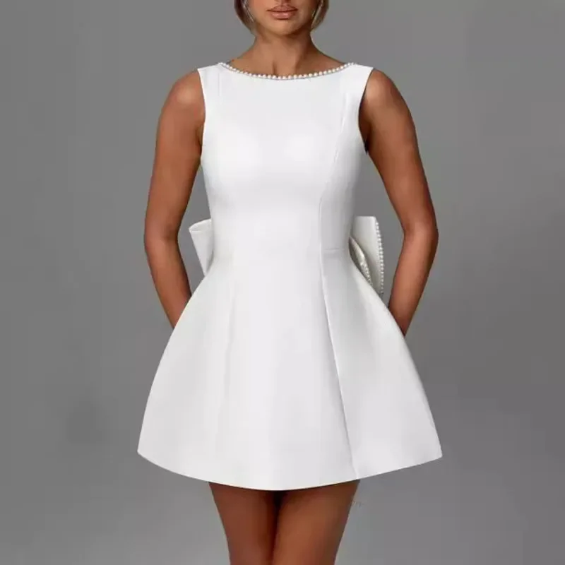 Witte Parel Backless Boog Avondfeest Mini Jurken Vrouwen 2024 Sexy Jurk Bodycon Gewaden Zomer Taille Wrap Een Lijn Jurk vestidos