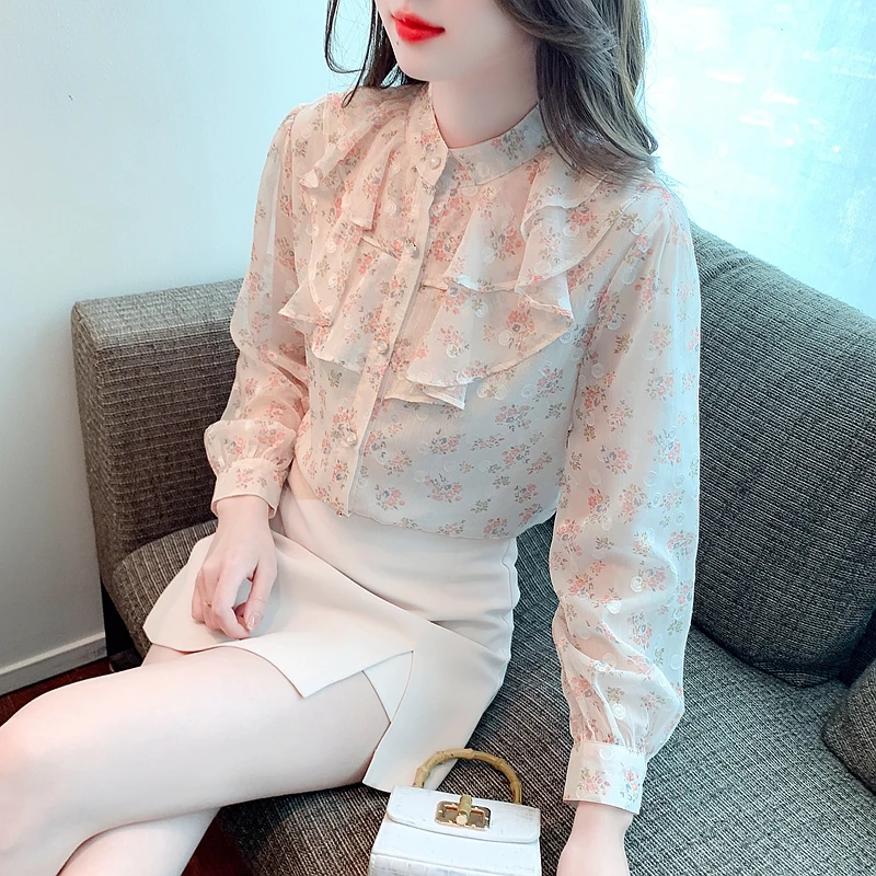 Frauen gekräuselte Blumen Chiffon Shirt Herbst lässig lose Langarm Büro Dame Bluse neues Top