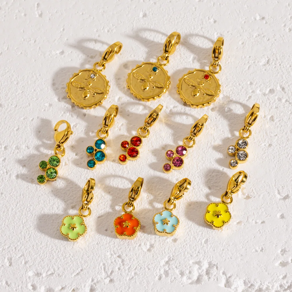 

Colorful Enamel Flower Charm Gold Color Stainless Steel Star Crystal Charm With Lobster For DIY Jewelry Findings