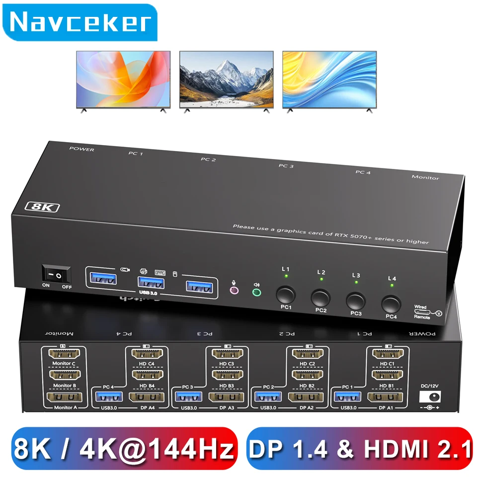 ProAV KVM Switch 3 Monitors 4 Computers,USB 3.0 HDMI DisplayPort 8K@60Hz 4K@144Hz Triple Monitor Switch for 2 PC Share 4 USB 3.0
