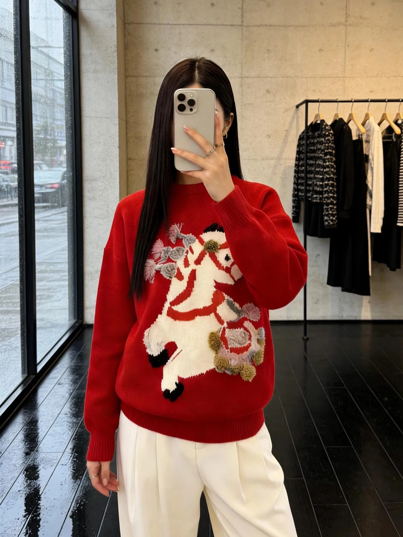 

Красный новогодний женский вязаный свитер круглый Ne Soft Cozy French Sle Свободный крой Весенний сезон Повседневная одежда Длинный све Топ