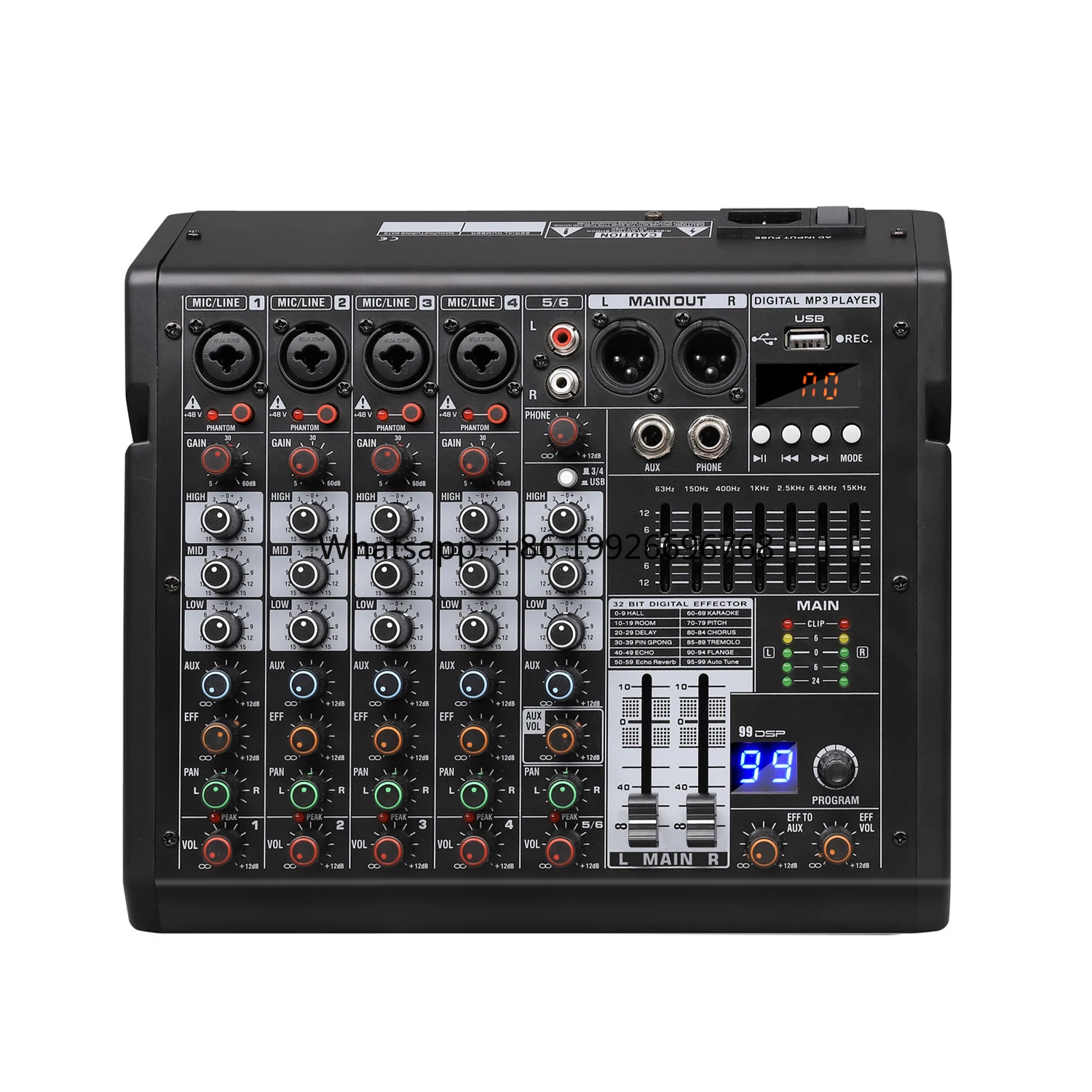 

Professional 6-Channel Metal Audio Mixer 48V Phantom Power 99 DSP USB MP3 Stereo & Mono Mini Mixer