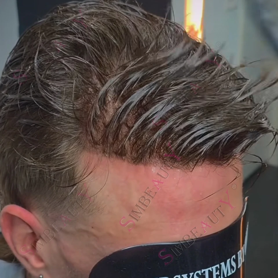 

Суперпрочный коричневый мужской капиллярный протез из 100% натуральных волос, парик для мужчин, 0.1 мм, с полиуретановой основой, имитирующей кожу, для мужчин