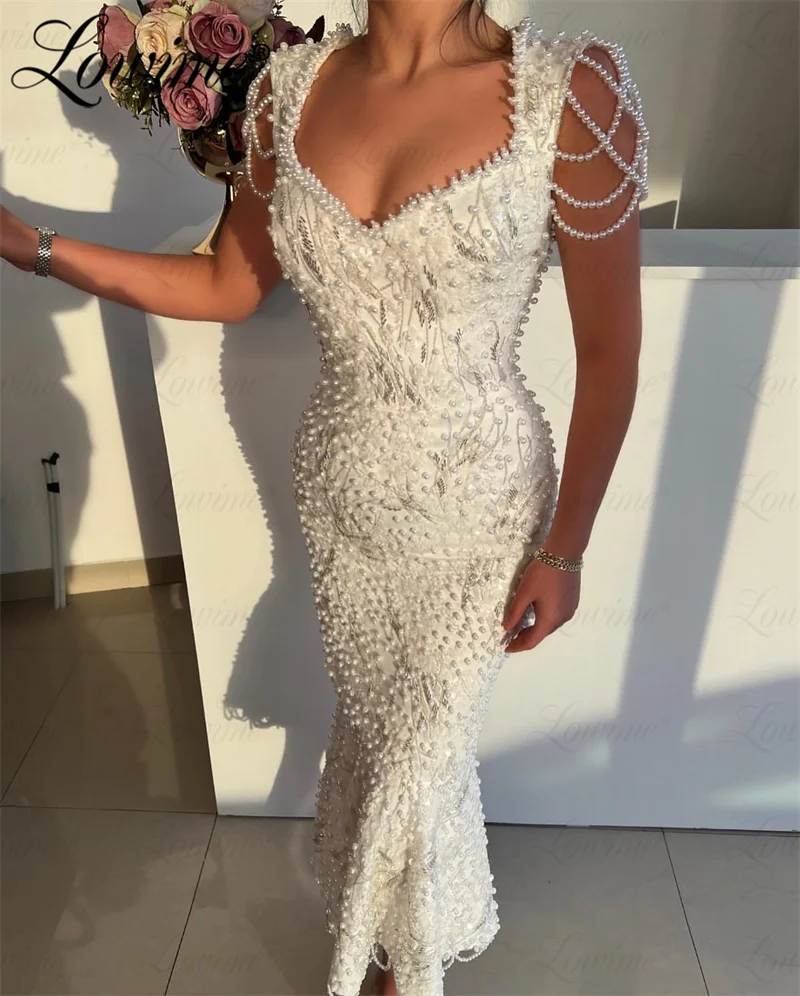 Pearl Party Dresses Ankle Length Arabic Prom Dress For Women 2023 Cap Sleeve Beading Elegant Evening Gowns Mermaid Evening Wear