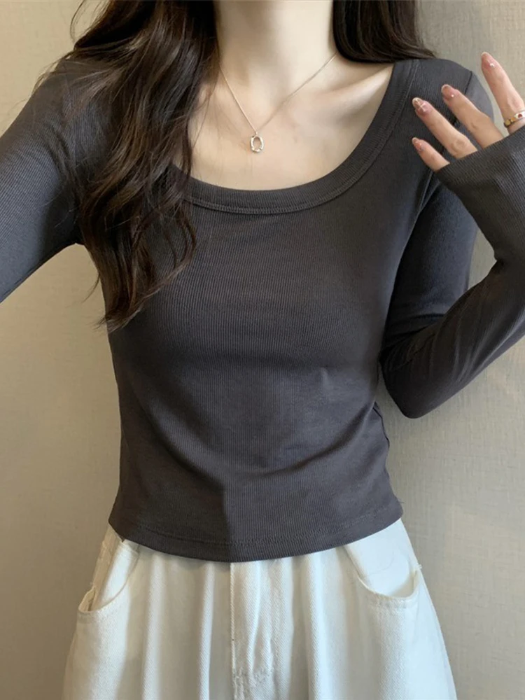 Gray Long Sleeve T-Shirt Women's Slim Fit Inner Wear Short Style Shoulder Top Spring Season Cute Japanese Style Cotton Shirt