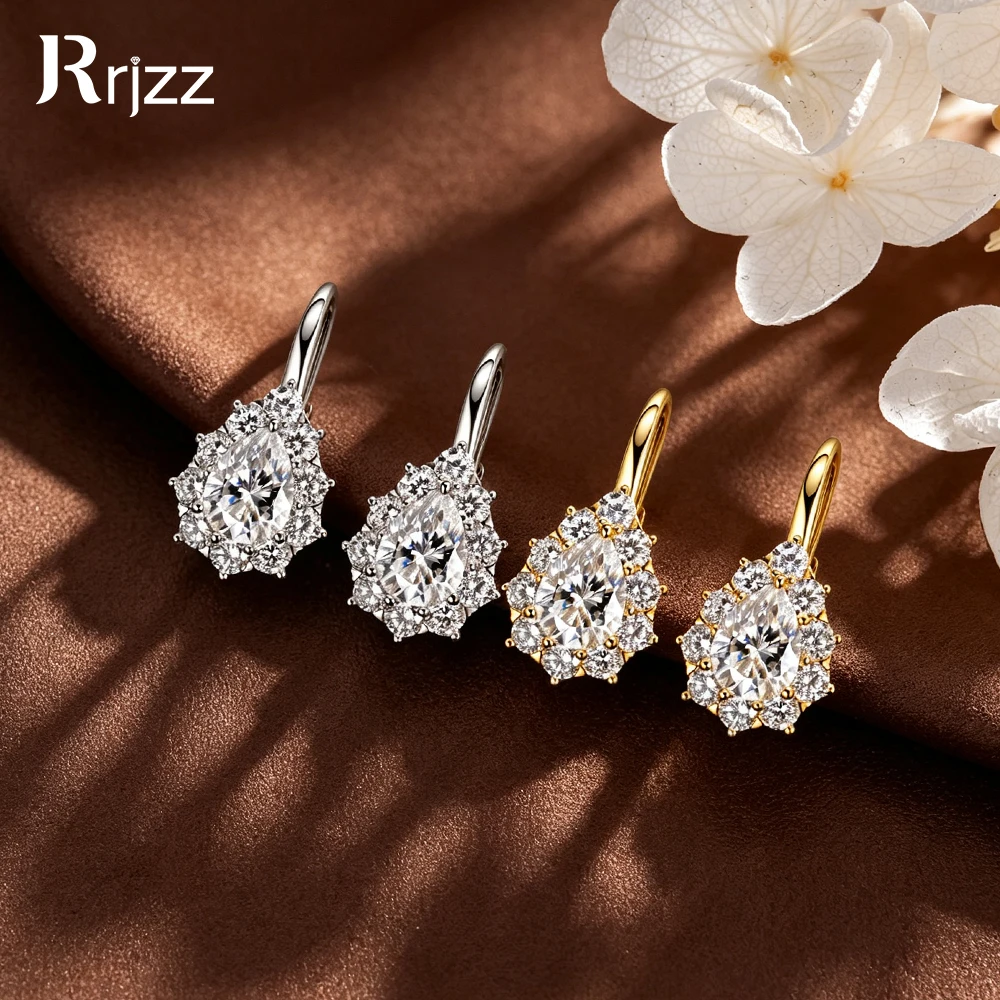 Rrjzz Pear Cut 6x8mm D-Color Moissanite Engagement Snowflake Earrings for Women Sparkling French Leverback Earrings Jewelry Gift