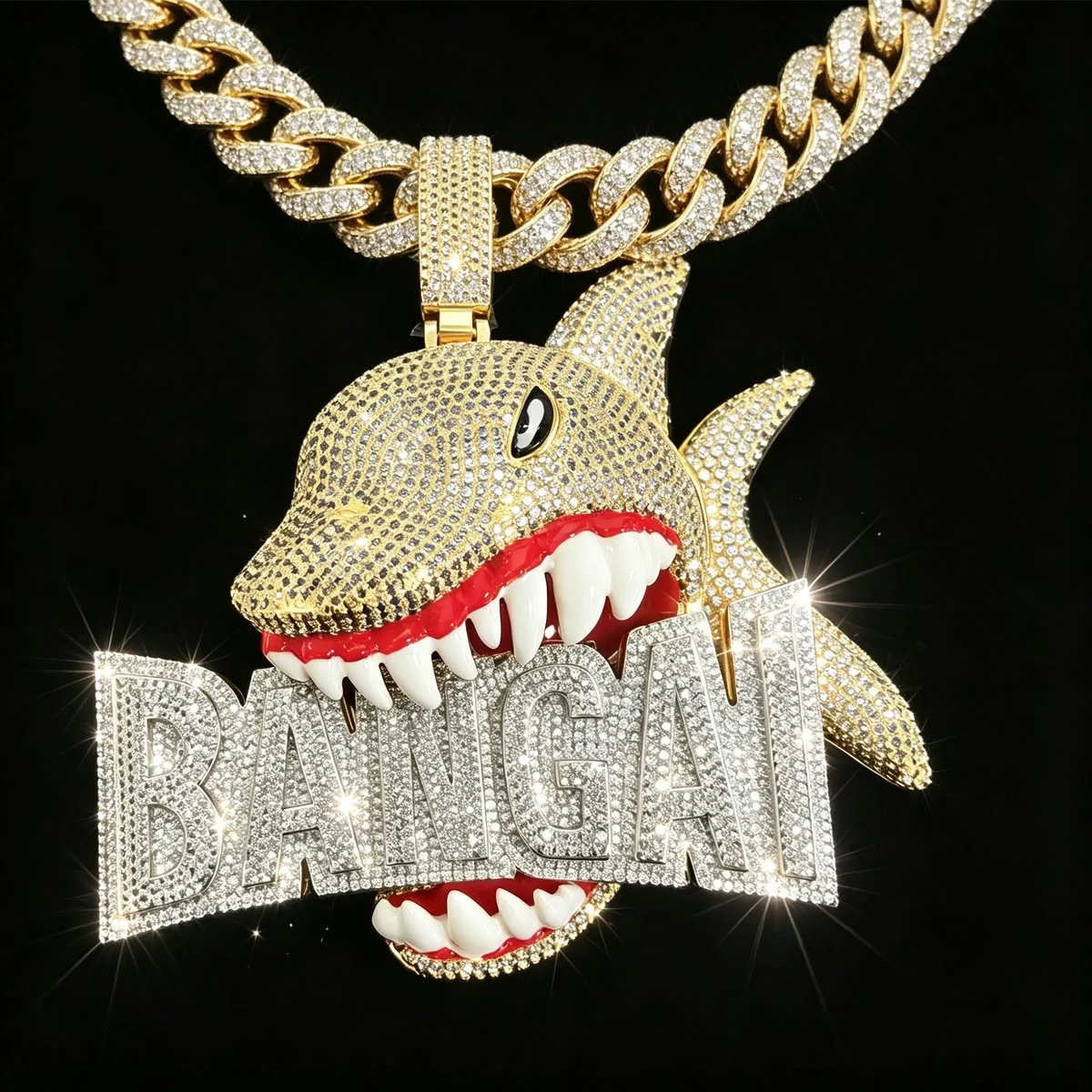 18K Gold Plated CZ Bling Hip Hop Jewelry For Men Rapper Cuban Chain Accessory With Letter Streetwear Ornament Perfect Gift For Party Concert Daily Shiny Luxury Fashion Statement Iced Out 3D Shark Pendant Necklace Sparkling Full Diamond Shark Head Charm