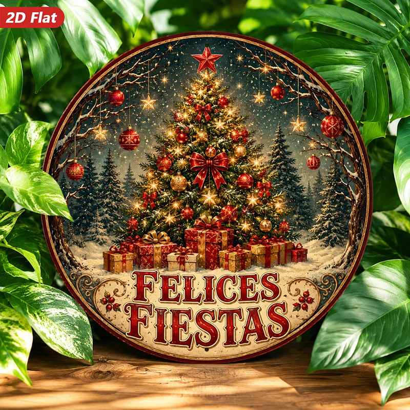 2D Flat Printing 1pc Round Wooden Sign Wall, Christmas Tree Home Decor, Holiday Ornaments, Pine Forest Scene, Spanish 