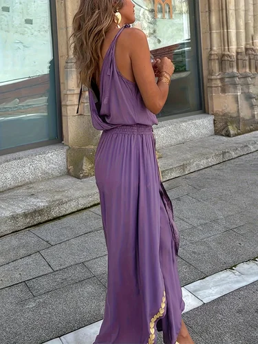 Imagen 2 del producto Mono morado para mujer, envoltura recortada, cuello en V, cintura alta, piernas divididas, ideal para vacaciones en la playa, pasillos nocturnos, estilos bohemios