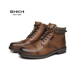 BHKH-Botas de nieve para hombre, botines cálidos de piel, antideslizantes, con cordones y cremallera, informales, invierno, 2024