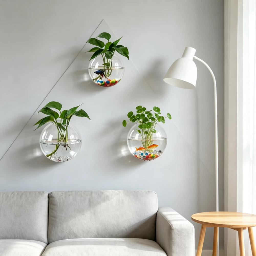 Creative Wall Hanging Round Glass Vase Dual‑use Mini Wall Fish Tank Hydroponic Plant Pot Rattan Home Dining Room Wall Decoration