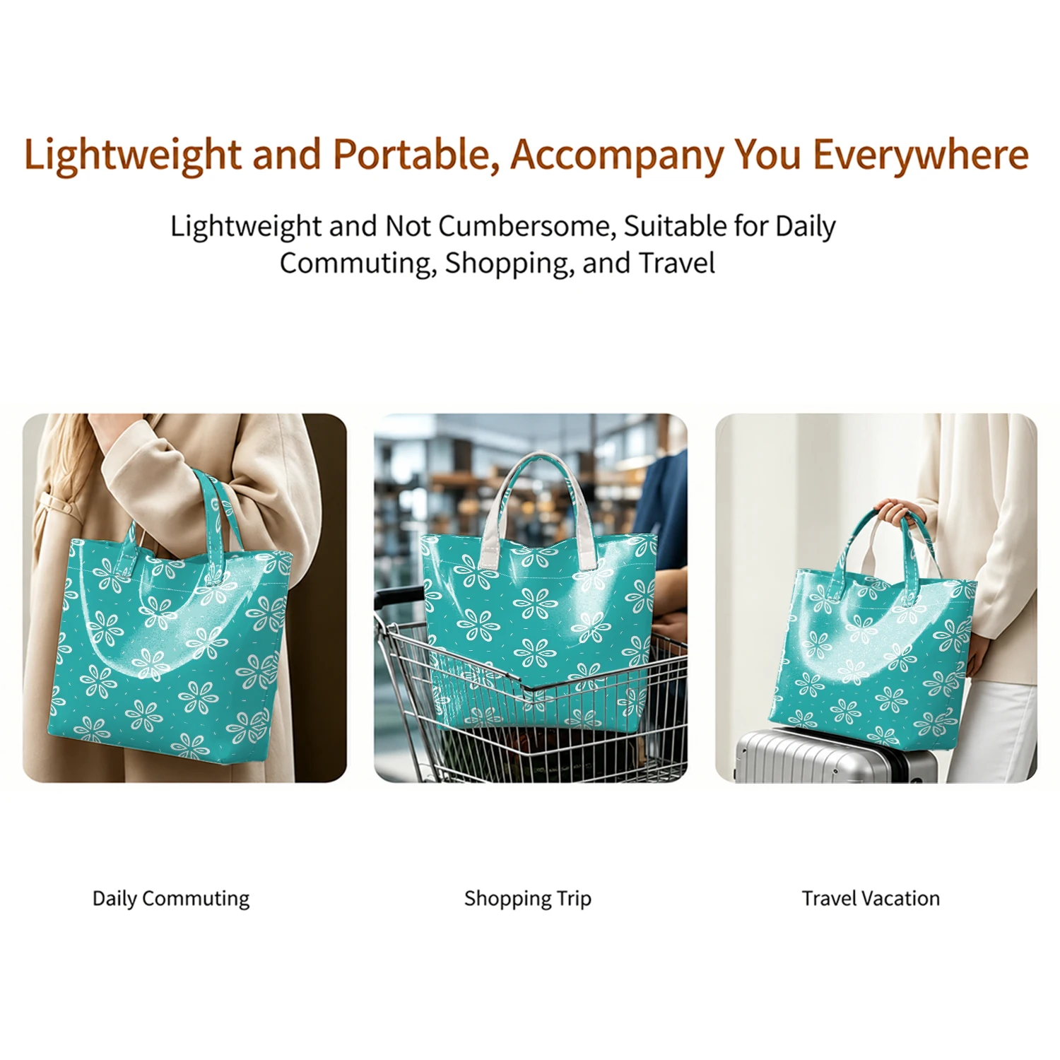 Minimal Teal Bloom Hot Sale Large Glossy PVC Tote Bag Hand Washable Waterproof Great for Travel Commute Makeup Storage Handbags - Image 6