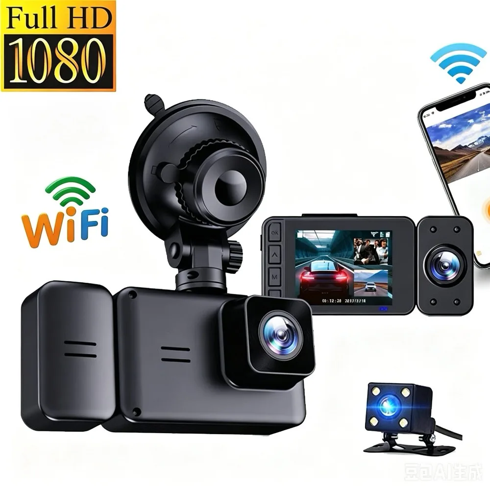 3-Channel Dash Cam 1080P Full HD Triple Recording, Wide Angle Night Vision WiFi Backup Camera Front Interior Rear & G-Sensor