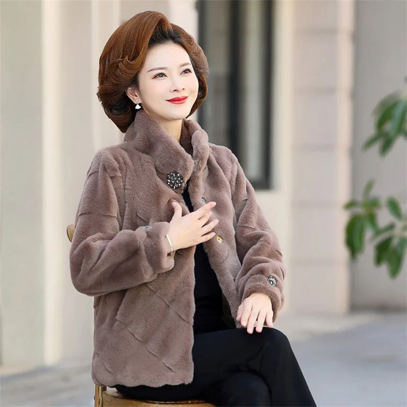 High End Mother Winter Jacket Thick Quilted Short Middle Aged Women Mink Fur Coat Elegant Female Faux Mink Velvet Woolen Outwear