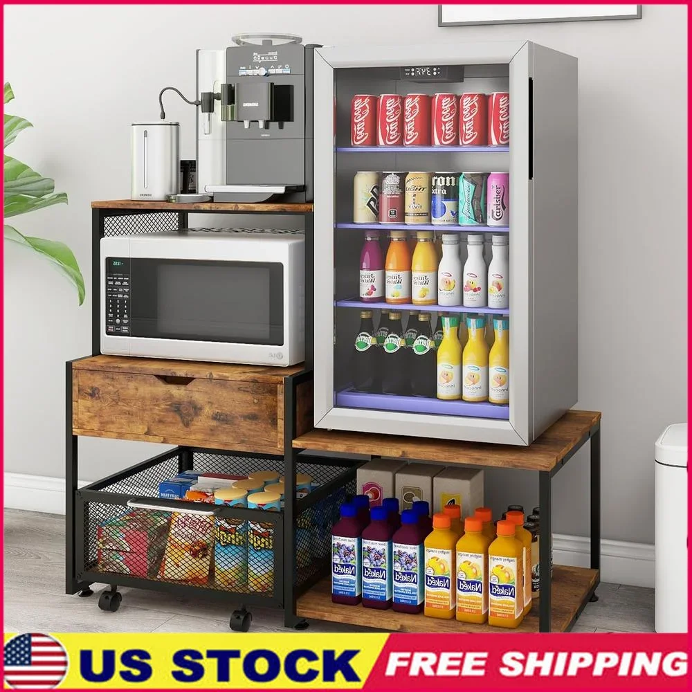 Mini Fridge Stand Coffee Bar Cabinet Storage Rack with Power Outlet Microwave Oven Beverage Wine Organizer Multi Tier Drawer