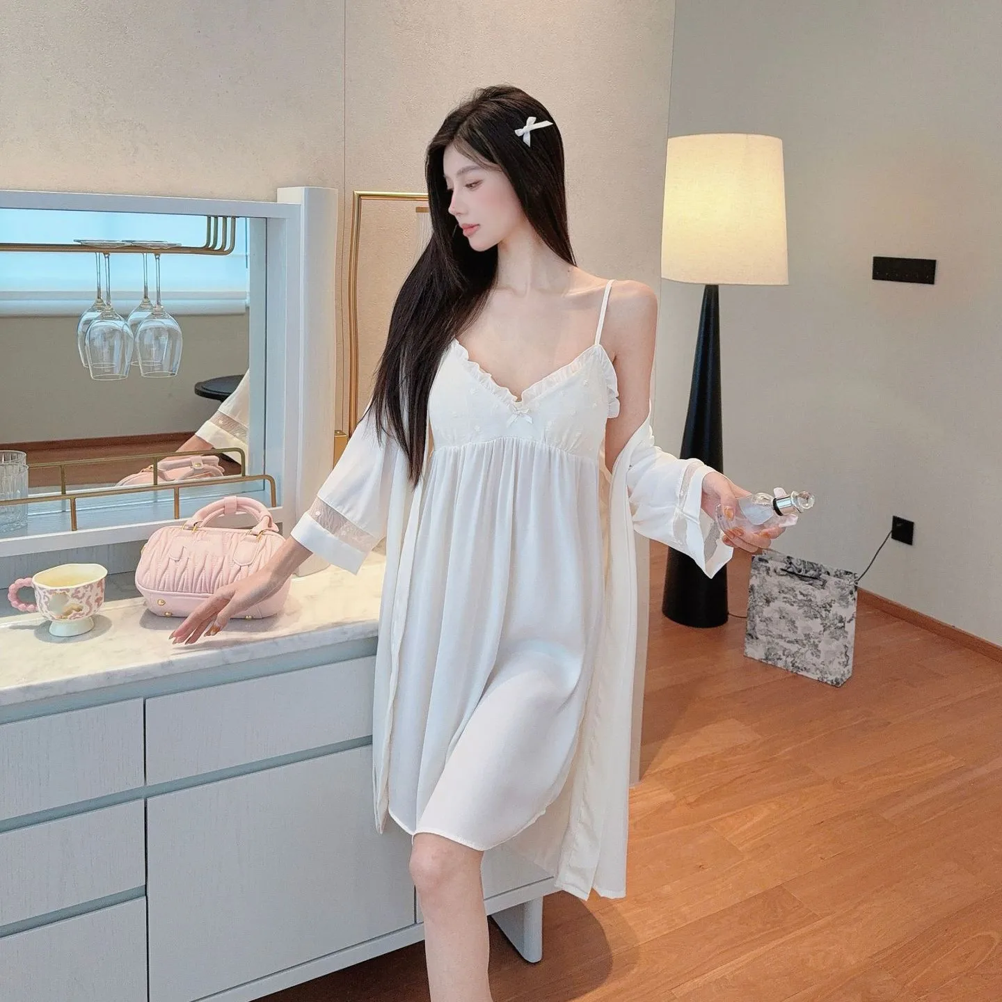 

Sexy Patchwork Sleeve 2PCS Robe Nightgown Set Summer Women Pajama Rayon Kimono Bathrobe Gown Sleepwear Night Dress Loungewear