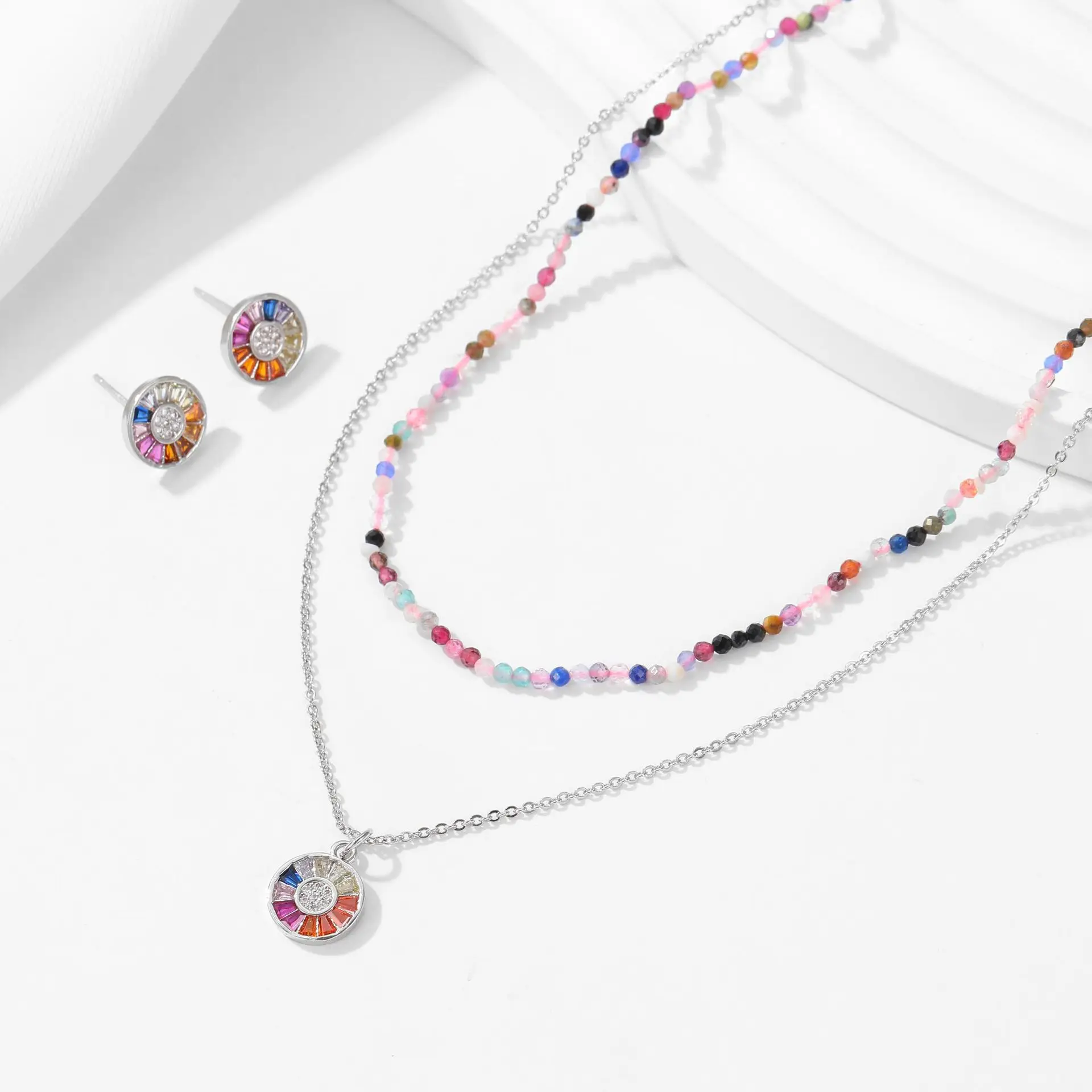 sweet stud earrings choker necklace rainbow beads small round pendant jewelry sets women girl spring summer fresh color