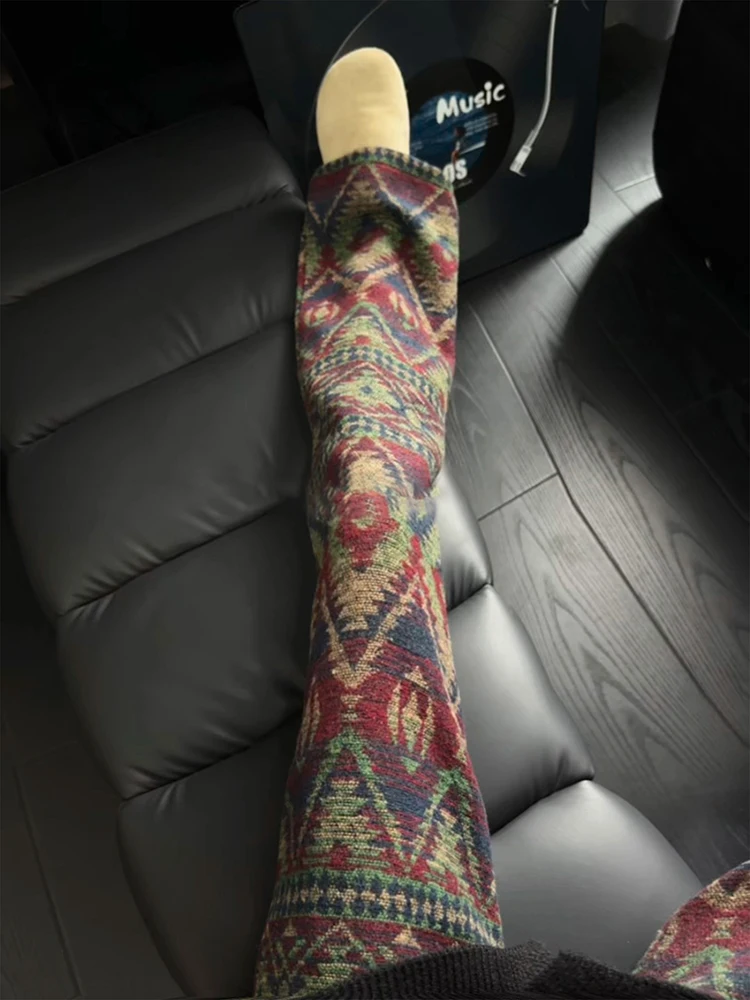 

Men's Fleece Lined Knitted Trousers Wide Leg Casual Pants Retro Color Block Ethnic Style Autumn Winter Fashion Straight Tube