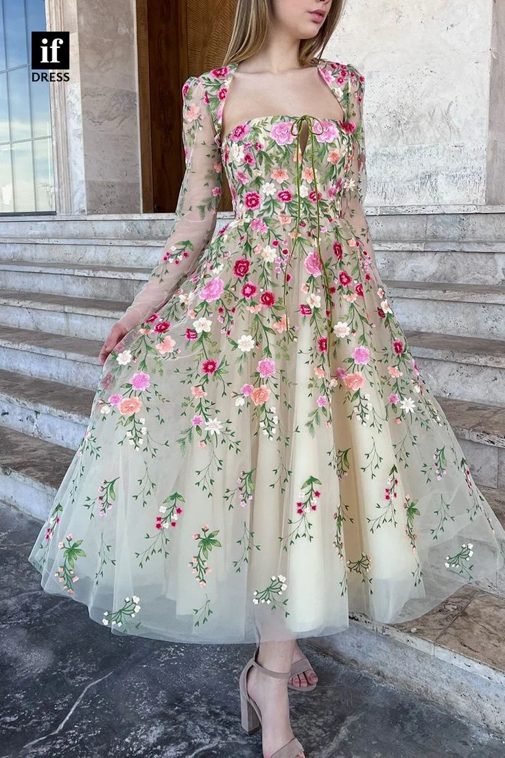 XIjun Lace Appliques Prom Dresses Long Sleeves Evening Dress Formal Ankle Length Party Dress 2023 Elegant Occasion Prom Gowns