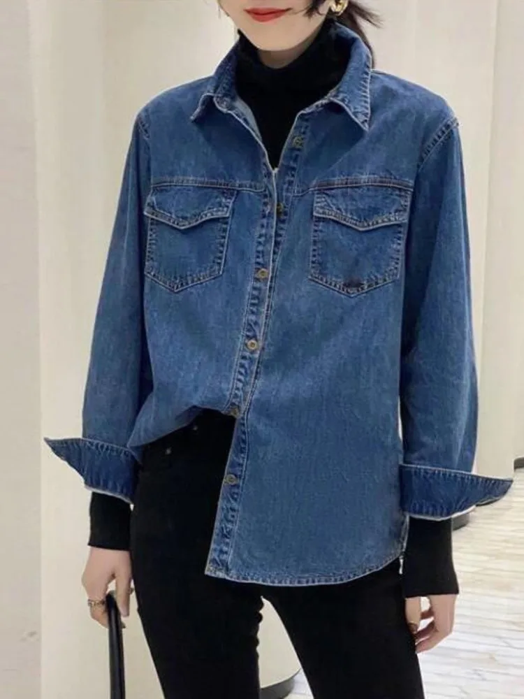 Denim Shirt Women\'s Vintage Design Vintage Long Sleeve Classic Casual Single Breasted Single-breasted Shirt Tops Clothing