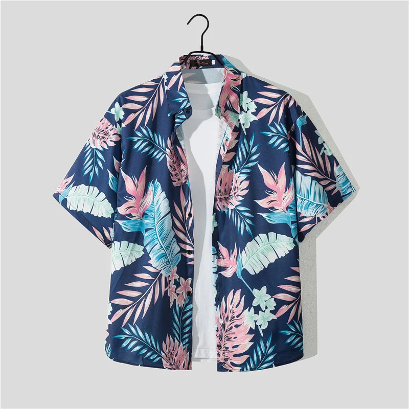 2023 Summer Men Hawaiian Shirts + Shorts Sets Tropical Plant Leaves Printed Holiday Short Sleeve Two Pieces Outfits