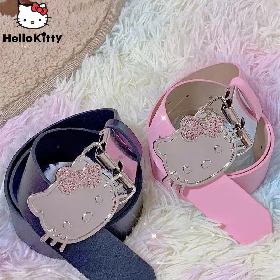 

Sanrio Hello Kitty Y2K Spicy Girl Rhinestone Pink Leather Belt Yk2 Goth Punk Black White Creative Fashion Japanese Stylish Belt