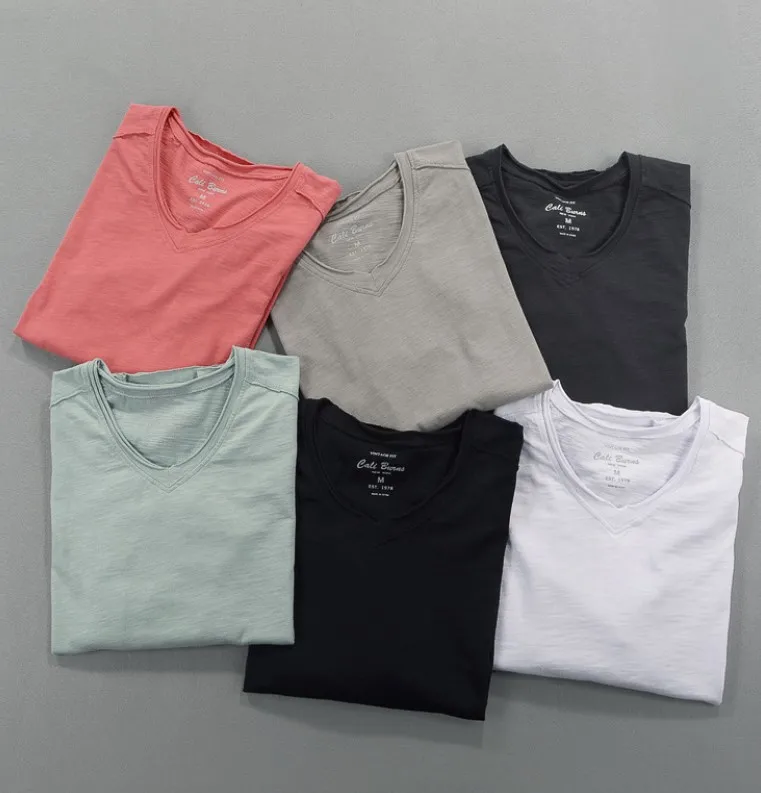 Men's Bamboo Cotton V-neck Long Sleeve T-shirt Slim Fit Solid Color Basic Tee Casual Lightweight Long Sleeve Tops For Autumn