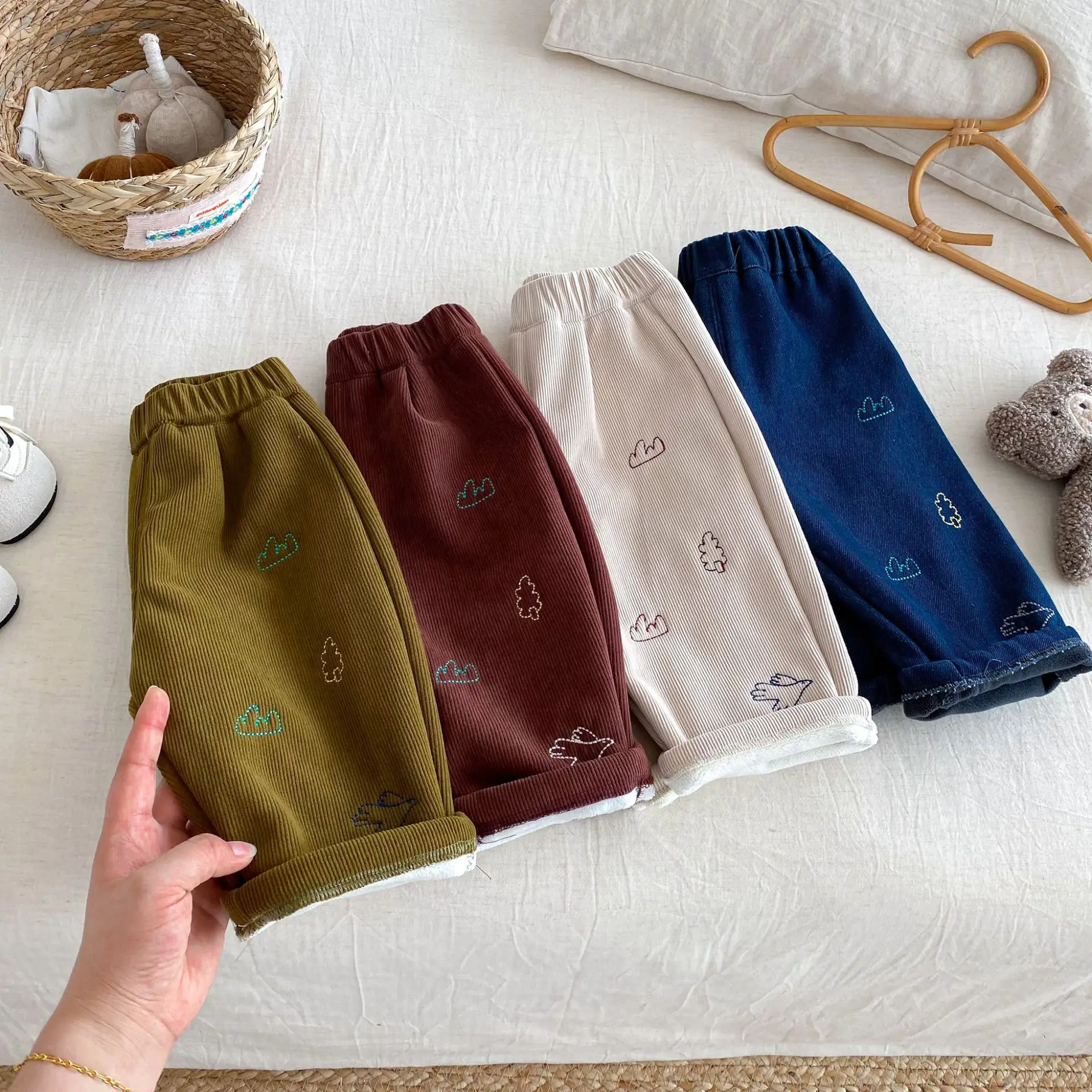 0-5Y طفل أطفال مطرزة صوف مبطن السراويل 2025 جديد فضفاض صالح الشتاء الدافئ بناطيل كاجوال بيبي بوي فتاة قيعان الملابس #4