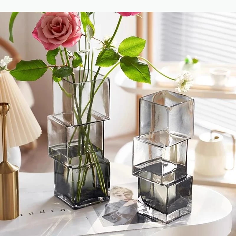 Square Vase Glass Vase Transparent Hydroponic Vases Dining Table Flower Ware Ornament Home Aesthetic Decoration