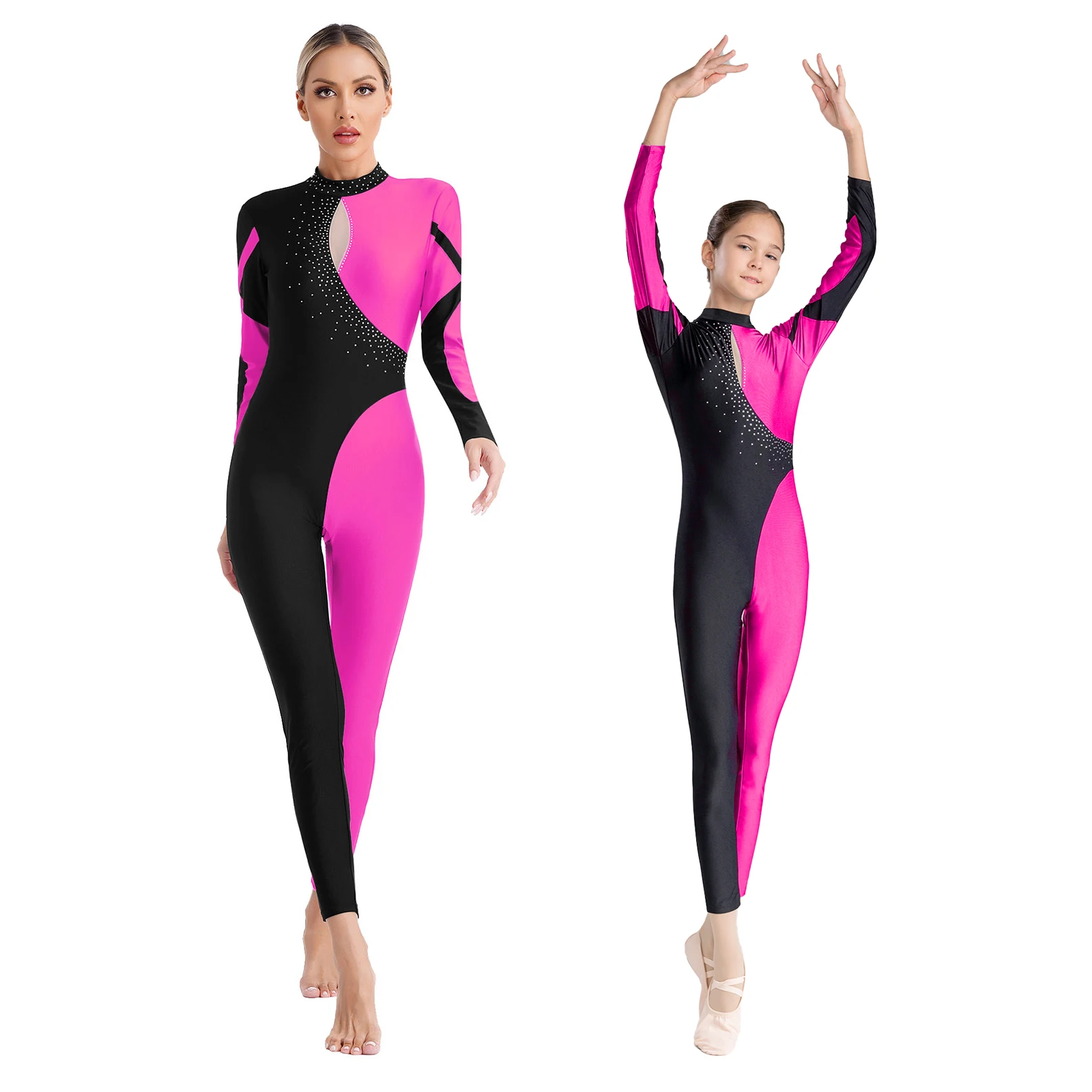 Womens Artistic Gymnastics Leotards One-piece Rompers Jumpsuits Long Tassel Sleeve Rhinestone Full Body Unitard Ballet Bodysuit
