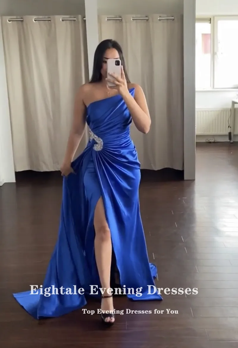 Eightale Royal Blue Evening Dress for Wedding Party Satin Beaded Customized Arabic Elegant Long Prom Gowns Celebrity Gown