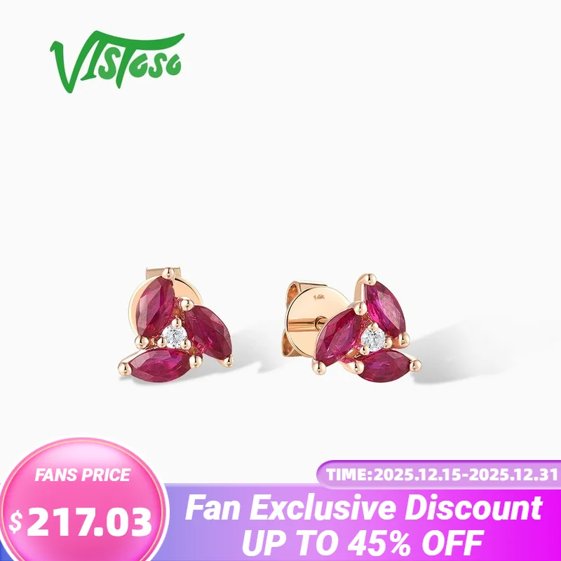

VISTOSO Authentic 14K 585 Rose Gold Stud Earrings For Women Sparkling Diamonds Ruby Small Cute Wedding Engagement Fine Jewelry