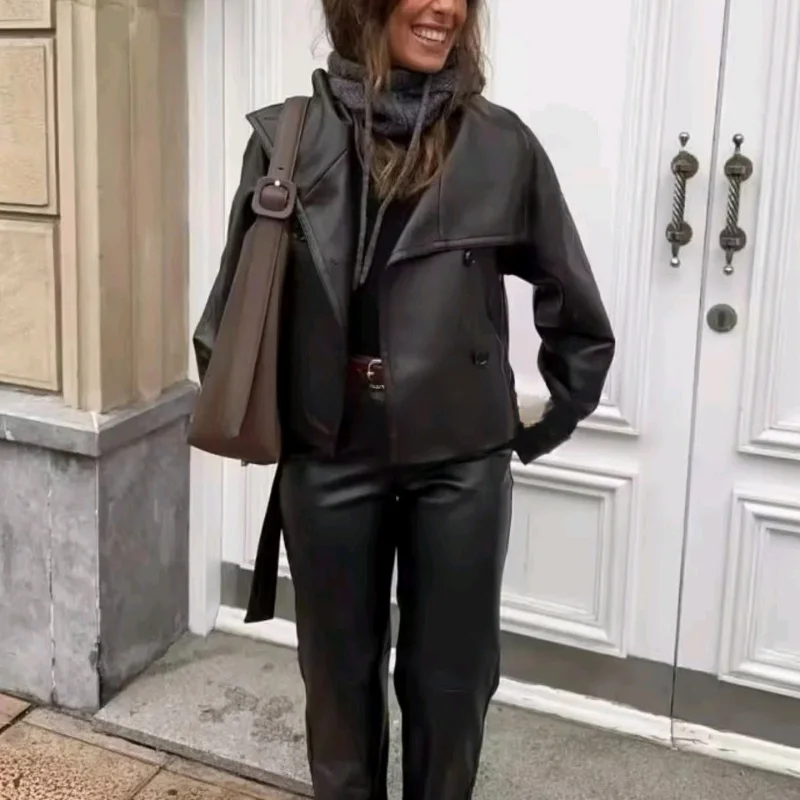 الرجعية Sle فضفاضة مزدوجة الصدر عقدة بولي Leather الجلود Jaet المرأة الخريف جديد Faion ملابس خارجية الدافئة الفانيلا #2