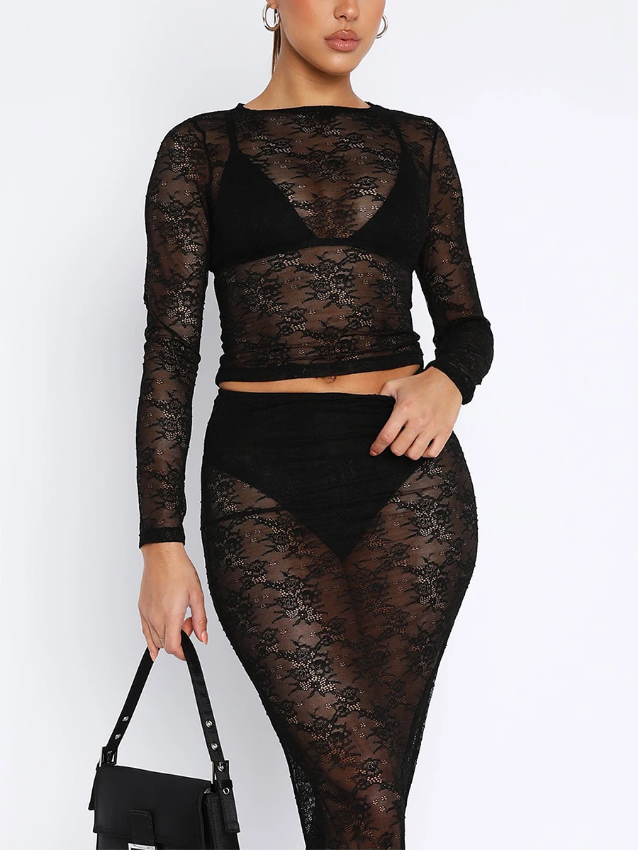 Women Sexy Y2k 2 Piece Lace Outfits Long Sleeve See Through Crop Tops Bodycon Sheer Skirt Sets Mesh Clubwear