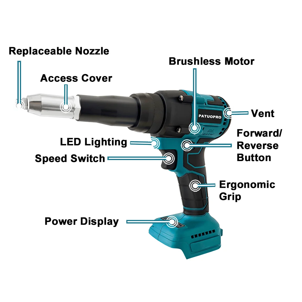 PATUOPRO 브러시리스 전기 리베 터 건 무선 5.0mm 가정용 전동 공구 Makita 18V 배터리 용 LED 조명이있는 스크루 드라이버