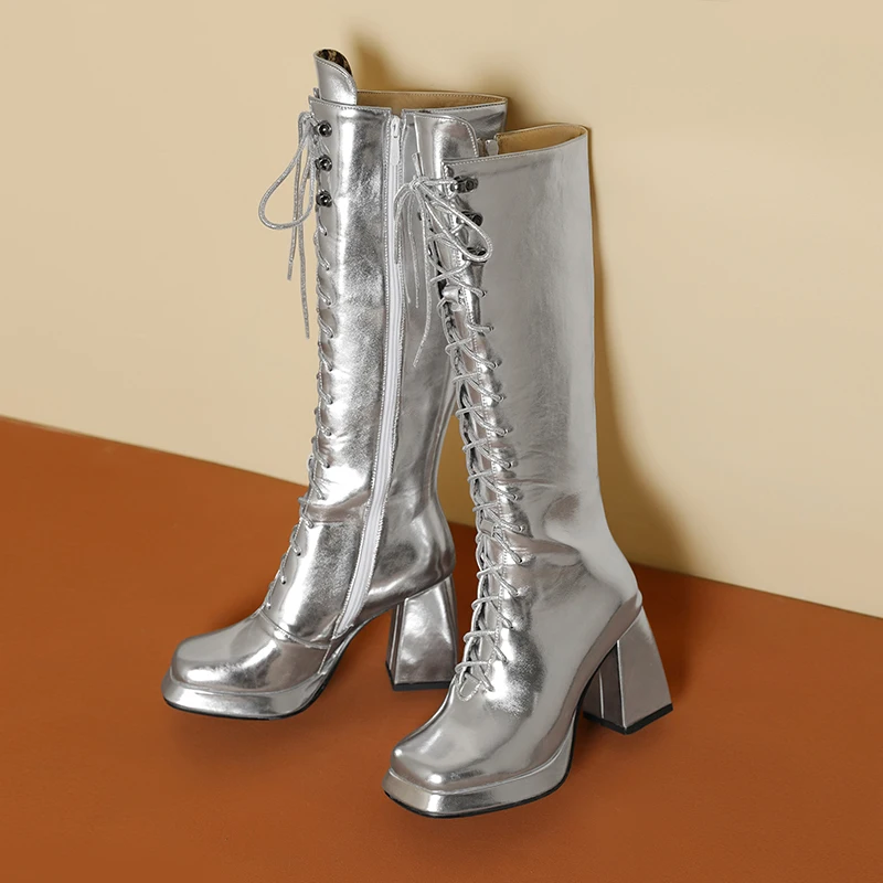 Square Toe Ultra High Thick Heel Smooth Box Cowhide Material Golden Fashion Boots With Smooth Shiny Silver Zipper Knee High Boot