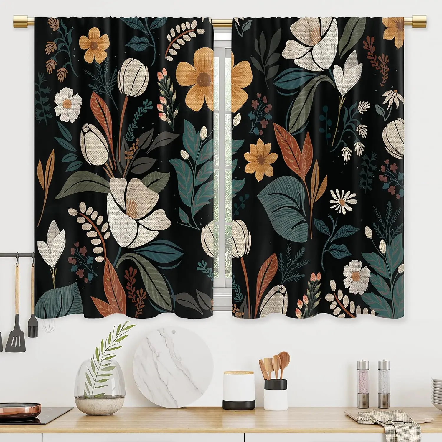 Luxurious Floral Botanical Curtains Pair 2pcs Black Background Window Curtain Home Decor Boho Leaf Pattern Stylish Room Shades
