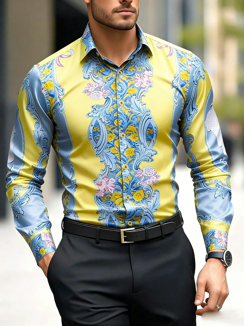 

2026 Men's New Elastic Fabric Long Sleeve Shirt HD Geometric Natural 3D Printed Shirt Hawaiian Vacation Outdoor Men's Clothing