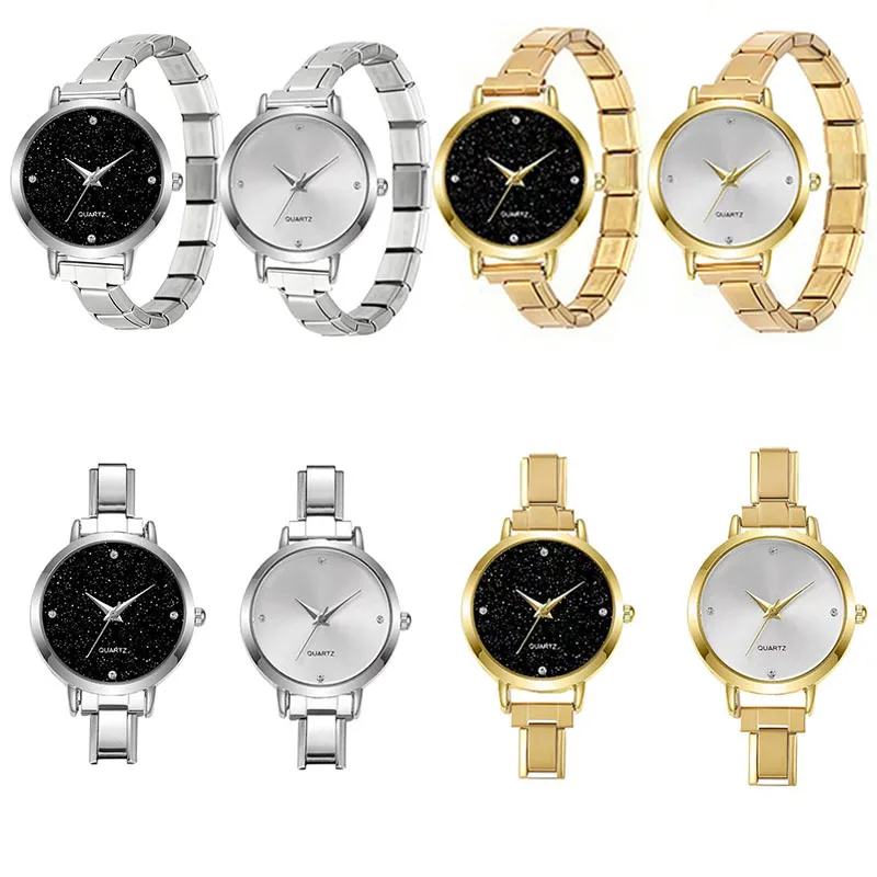 Trendy Unisex Module Quartz Watch Shiny Starry Dial Stainless Steel Bracelet Simple Ins Style Student Wrist Accessory