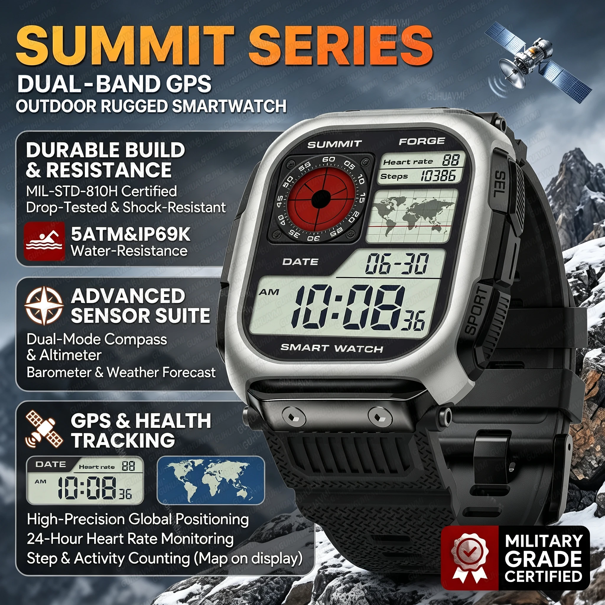 2026 New Rugged GPS Outdoor Fitness Smart Watch For Men Offline Map 5ATM Waterproof Compass 850mAh Battery Swim Tracker Bracelet