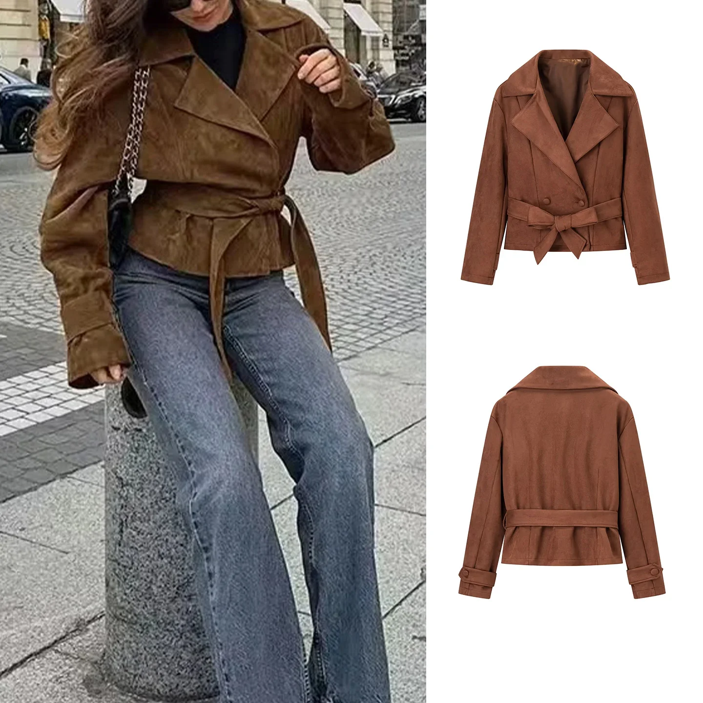 

Women's Fall New Arrival Velvet ort Jaet American Sle Loose Fit Long Sve Suit Collar Knot Tie Double Button