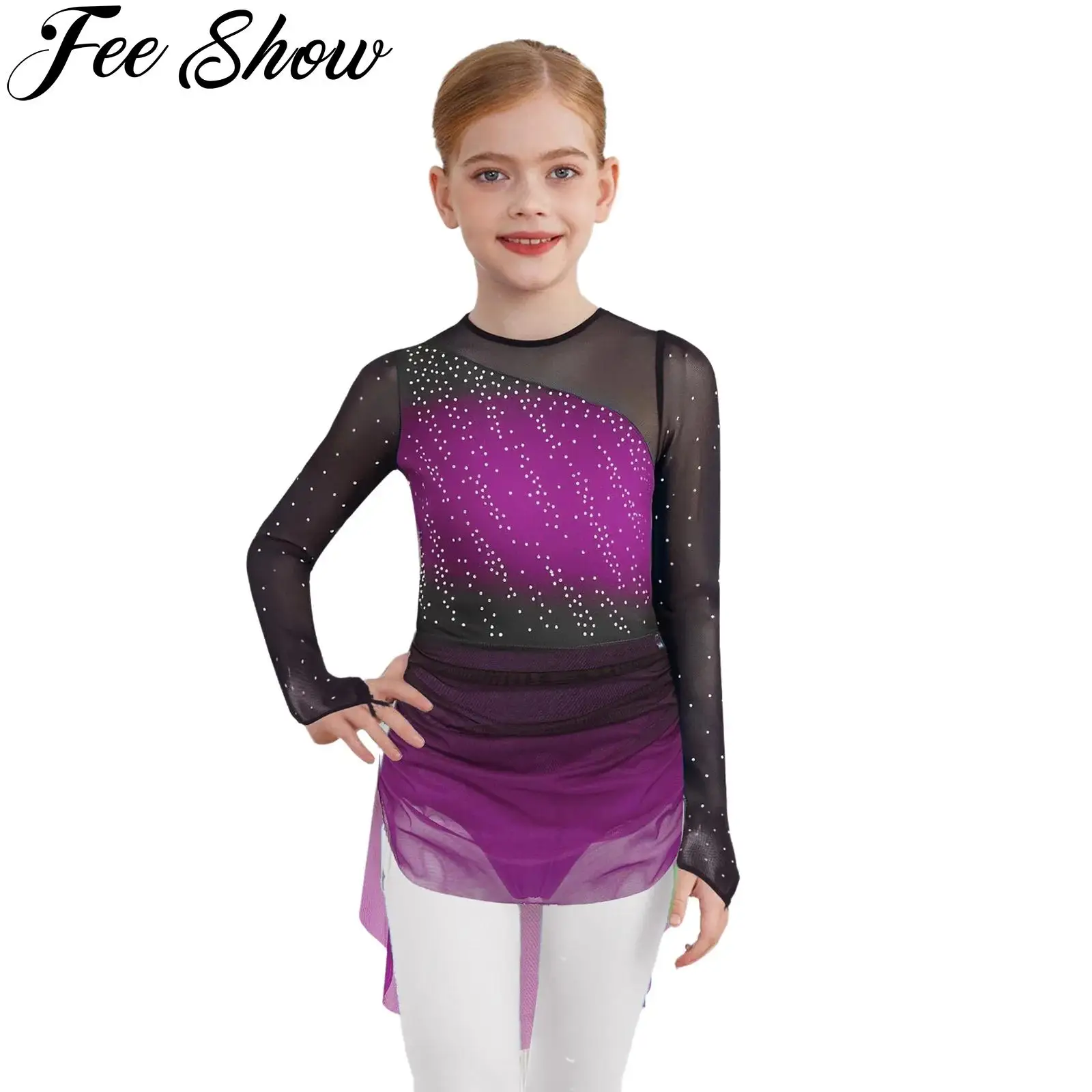 

Kids Girls Modern Lyrical Dance Figure Skating Dress Rhinestones Long Sleeves Sheer Mesh Ballet Gymnastics Leotard Dancewear